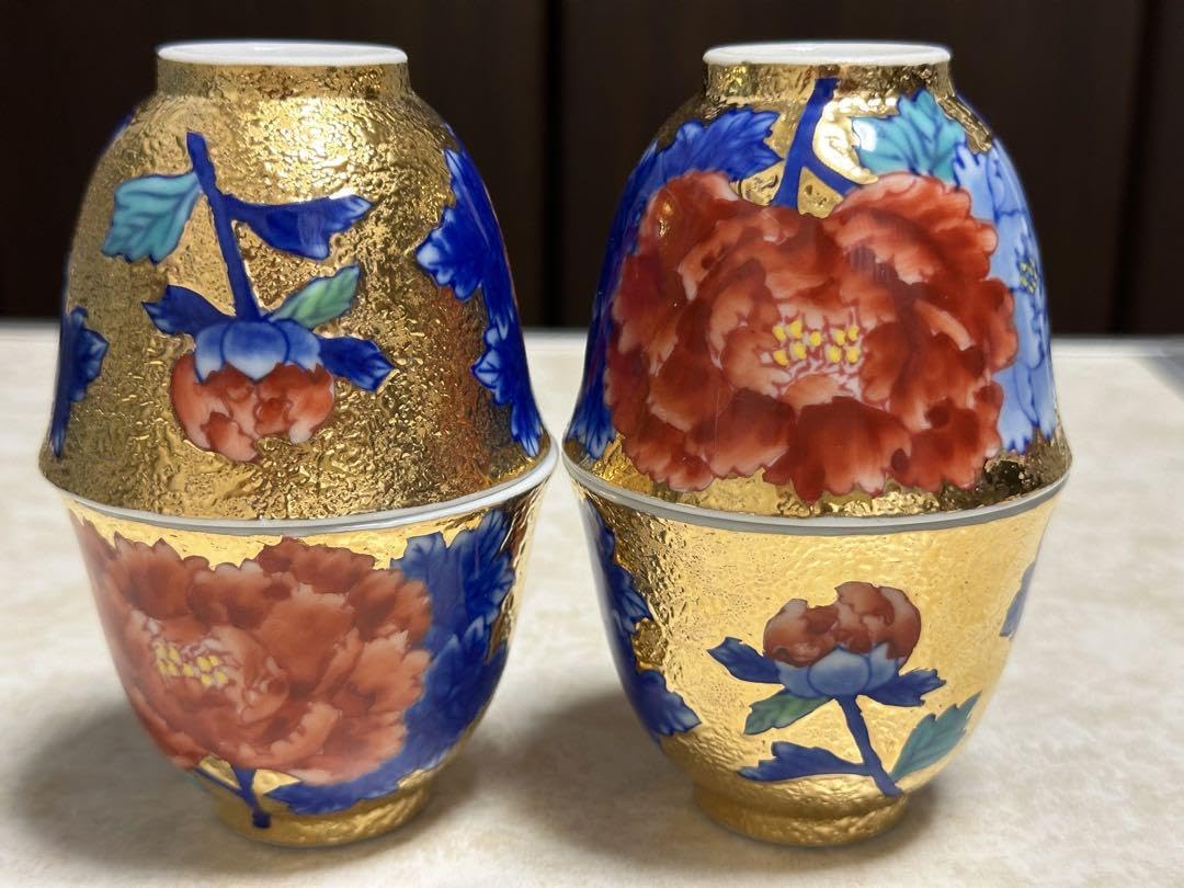 金龍窯金彩牡丹絵煎茶4客伝統工芸士「江口天童」作
